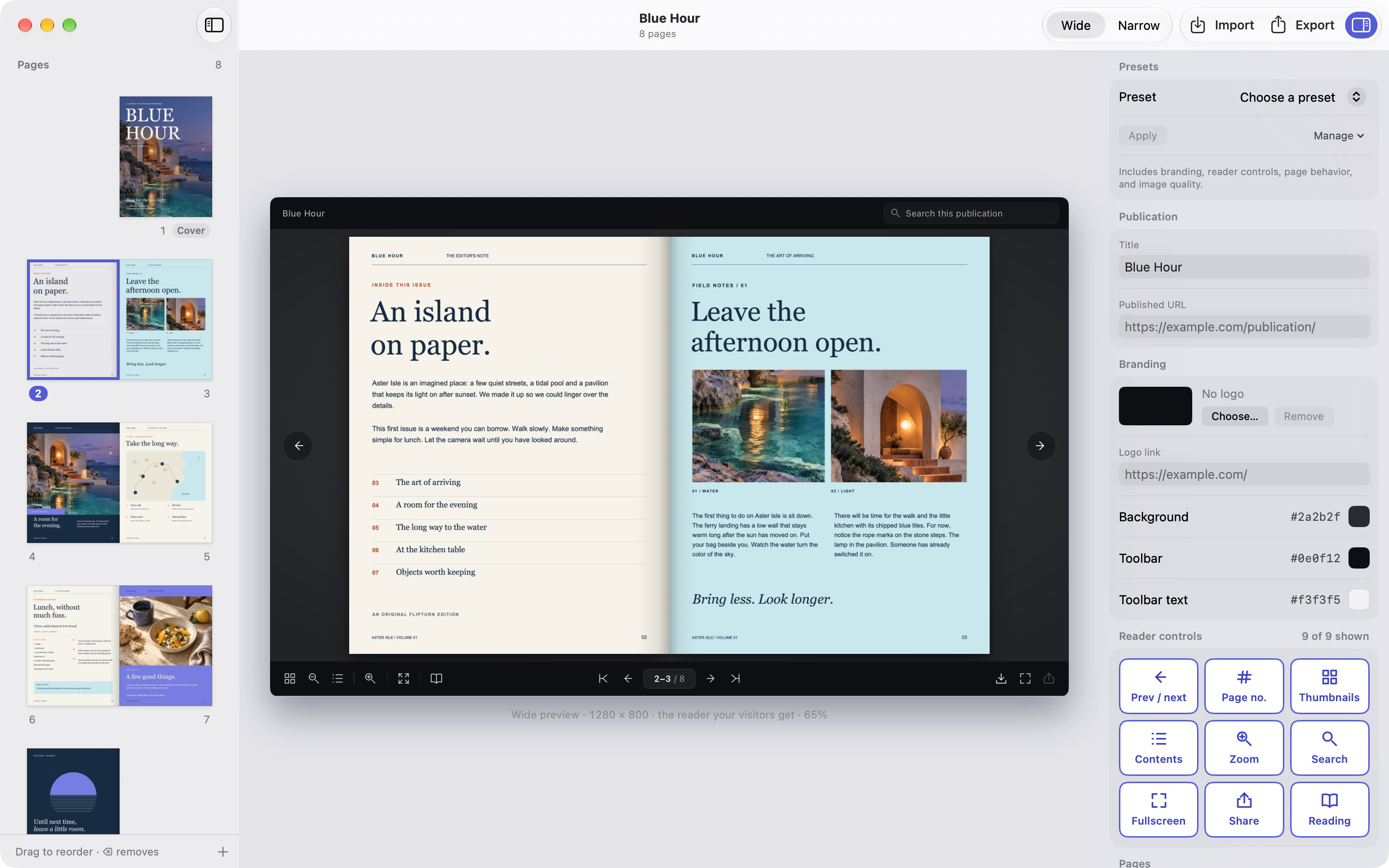 The FlipTurn editor window: page spreads in the sidebar, the reader preview in the centre and reader settings on the right.