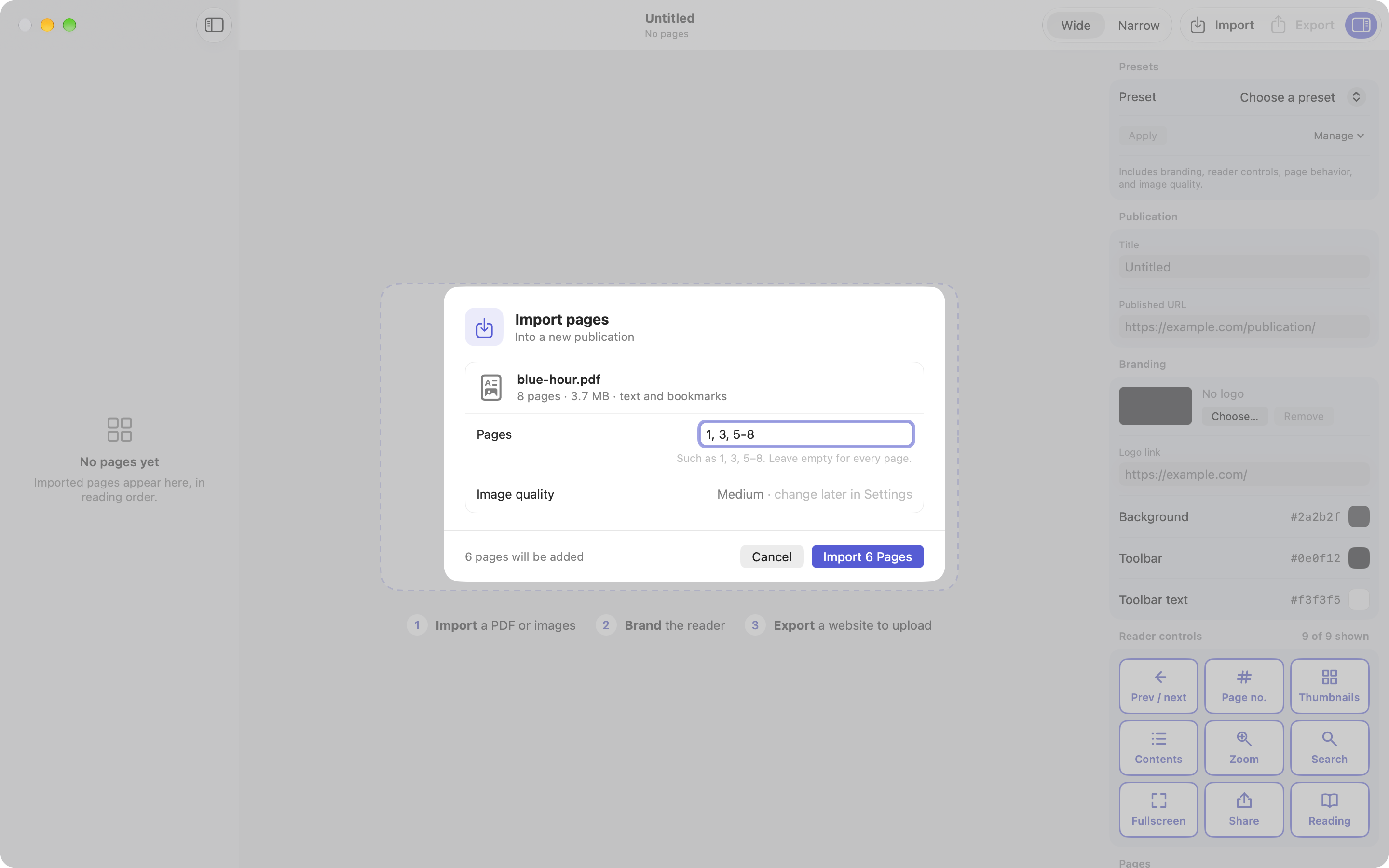 The FlipTurn import sheet with a page range typed in.