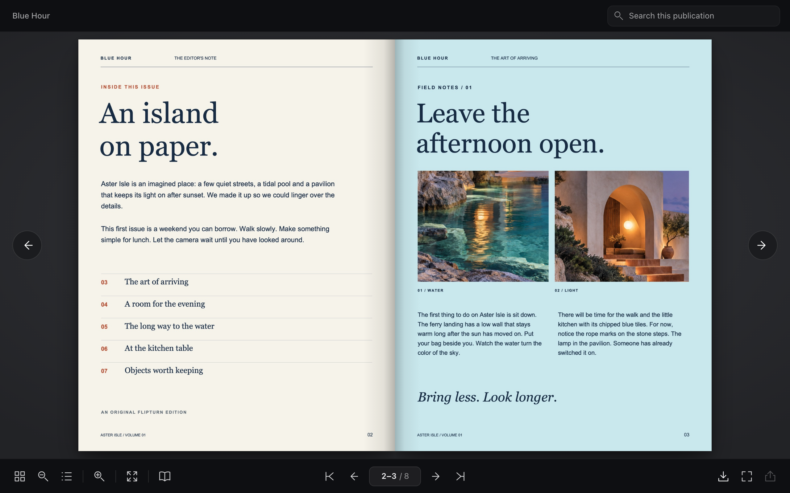 The exported reader in a desktop browser, showing two pages of the Blue Hour publication side by side.