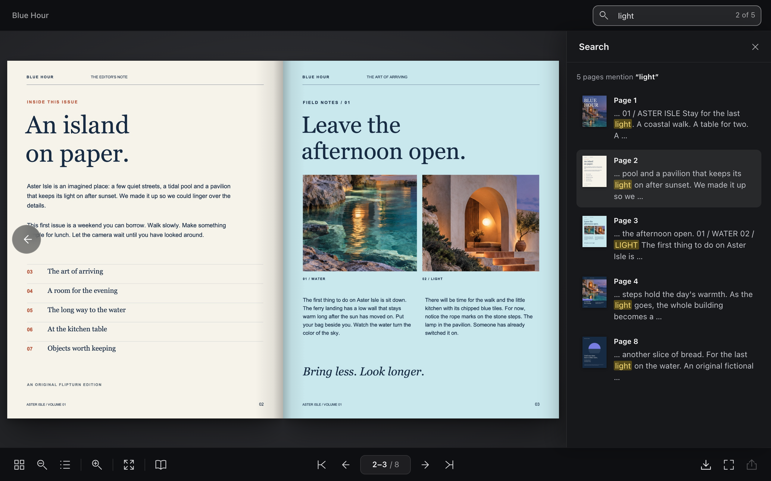 The exported reader with the search panel open, listing results for the word light.